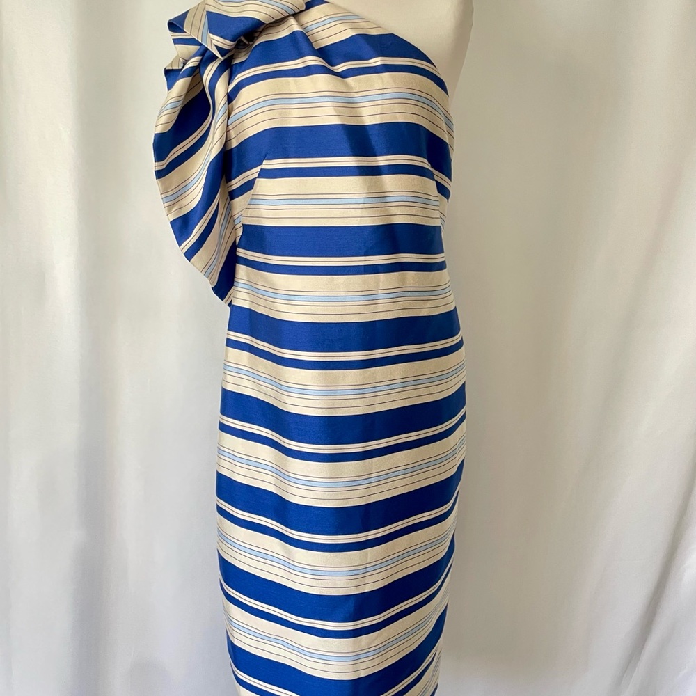 Banana Republic One-Shoulder Blue and Cream Striped Dress with Bow